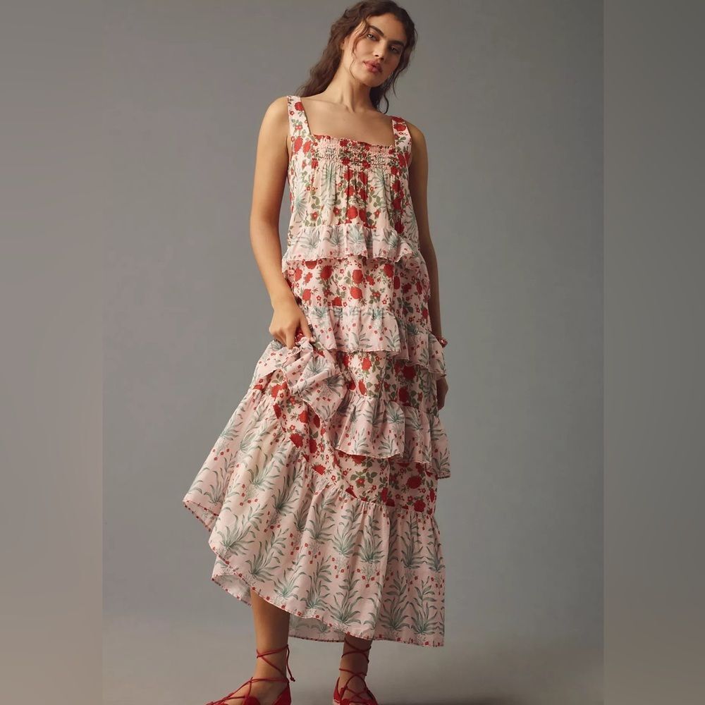 Anthropologie Sleeveless Square-Neck Tiered Midi Dress size Xxs